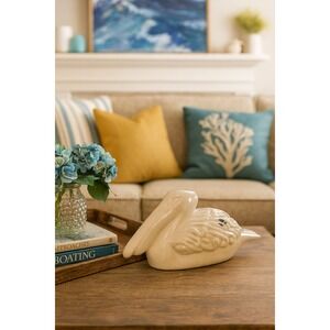 Vintage Ceramic Pelican Figurine Crackle Glaze Black Accents Decorative Bird